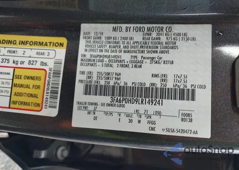 2020 Ford Fusion Se from USA, damaged, VIN 3FA6P0HD9LR149241